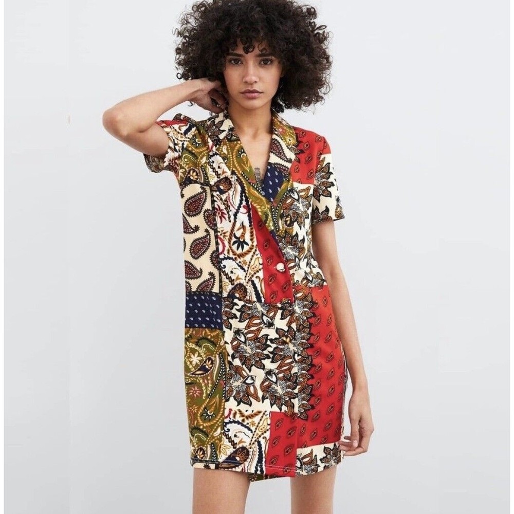 Zara Patchwork Print Mini Dress in Red, Navy, Olive, Cream